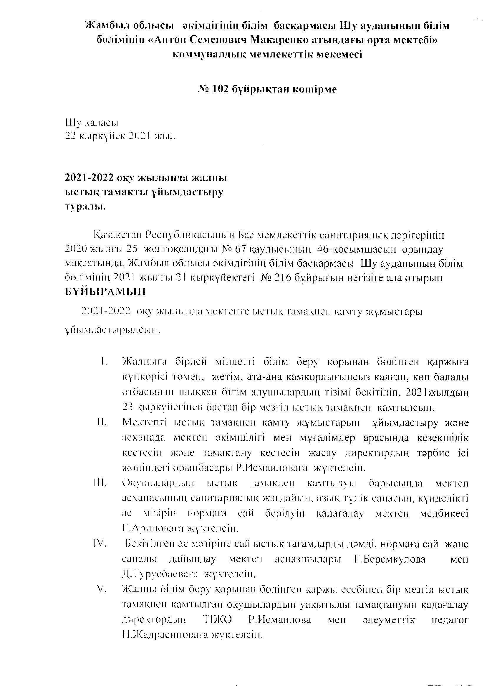 Бір мезгіл тегін ыстық тамақты ұйымдастыру бойынша бұйрық, мониторинг комиссиясы мен бракераж комиссиясының іс-шара жоспарлары. Мониторинг көрсеткіші.