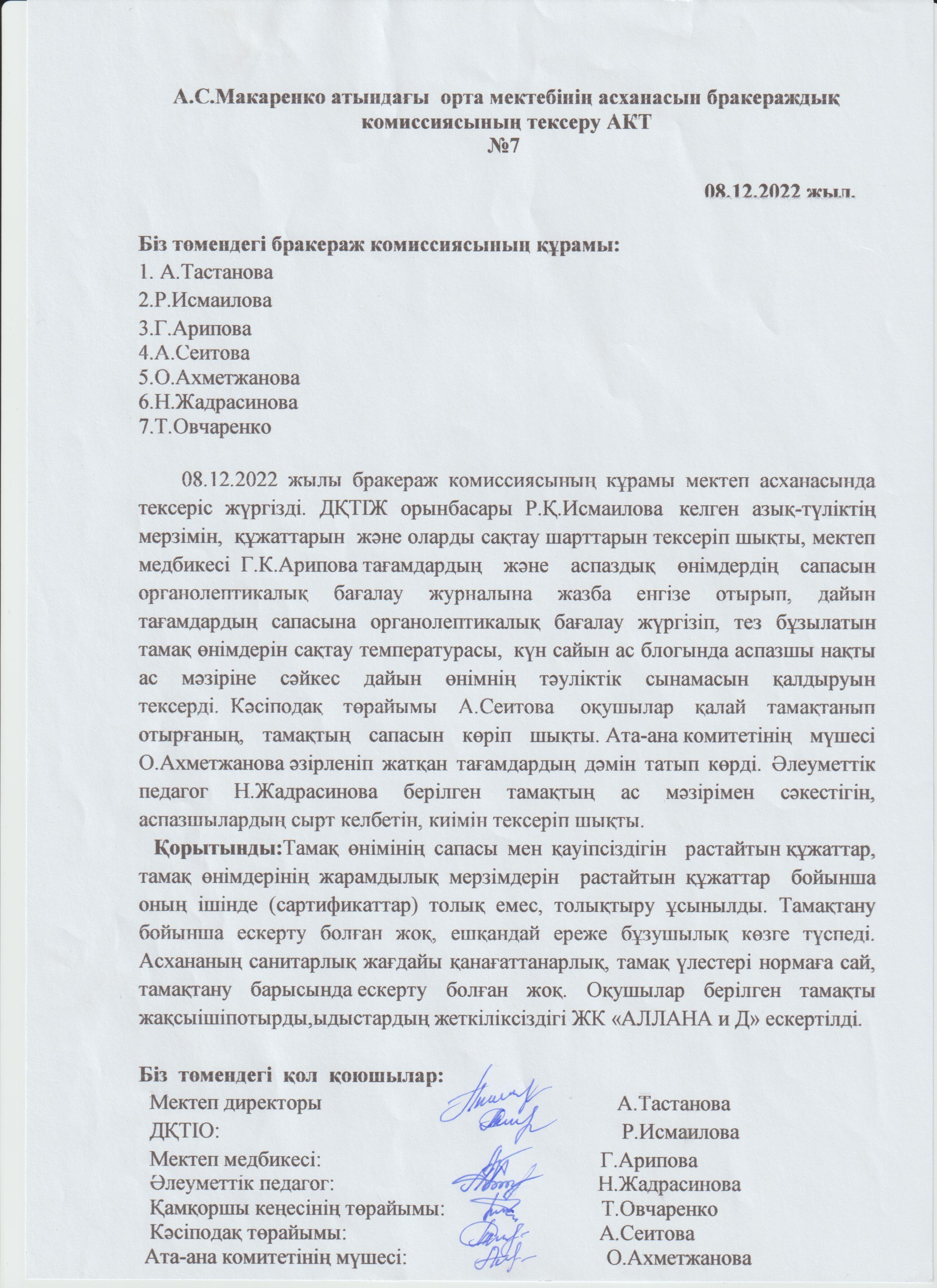 Бракераж комиссиясының асхананы тексеру АКТ