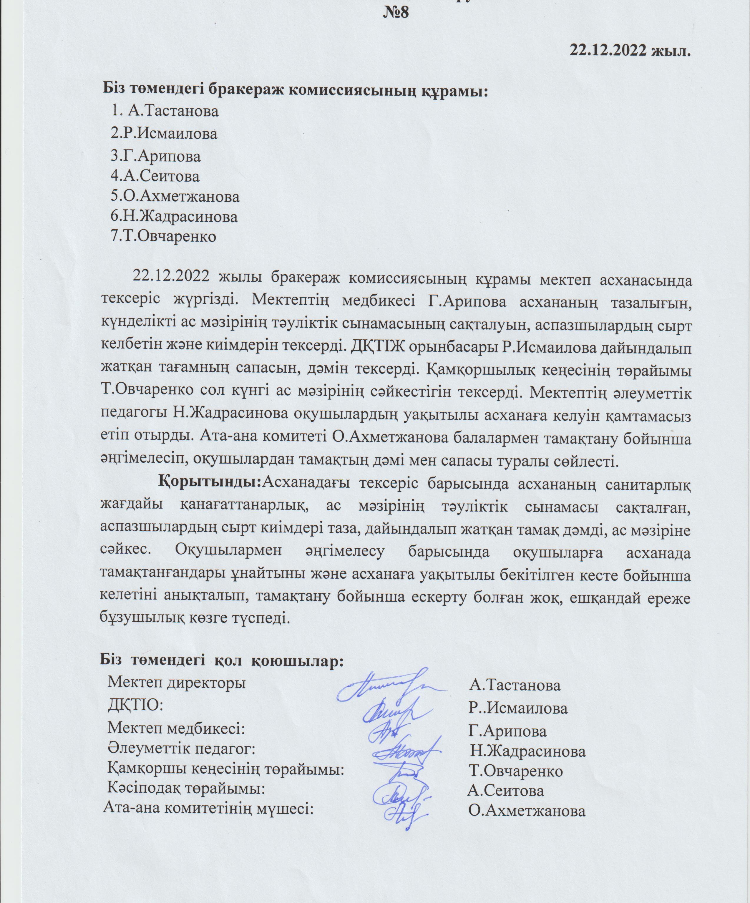 Бракераж комиссиясының асхананы тексеру АКТ