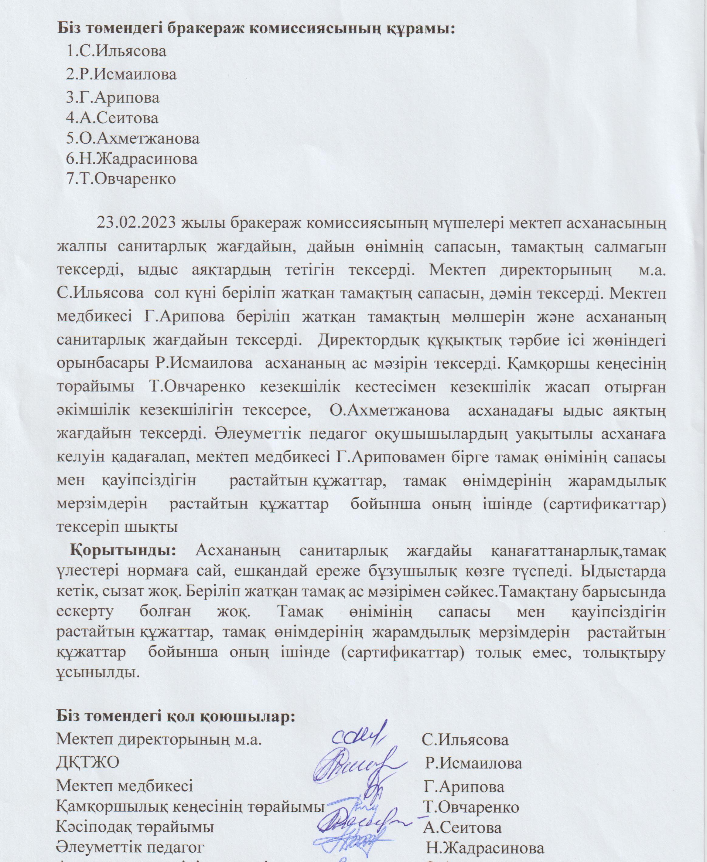 Бракераж комиссиясының асхананы тексеру АКТ