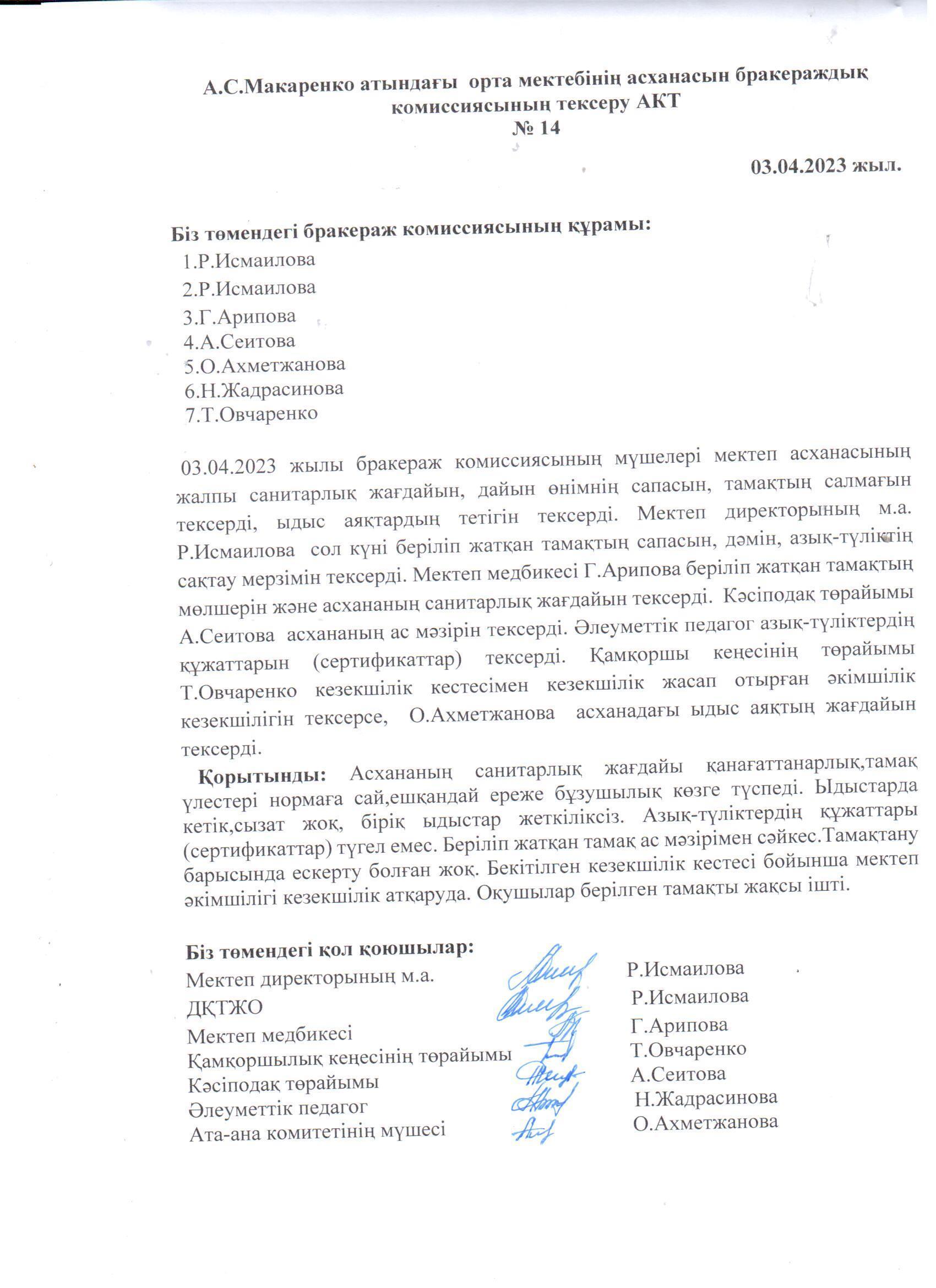 Бракераж комиссиясының асхананы тексеру АКТ